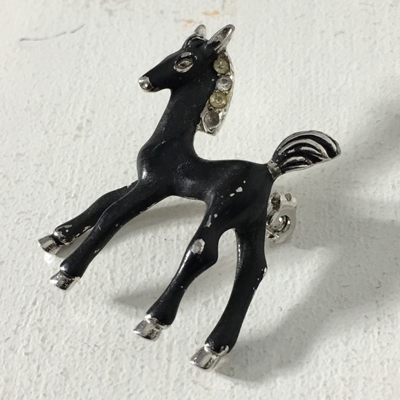@Popup Show: Vintage Black Horse Clear Rhinestone Brooch/Pin - Picture 1 of 7